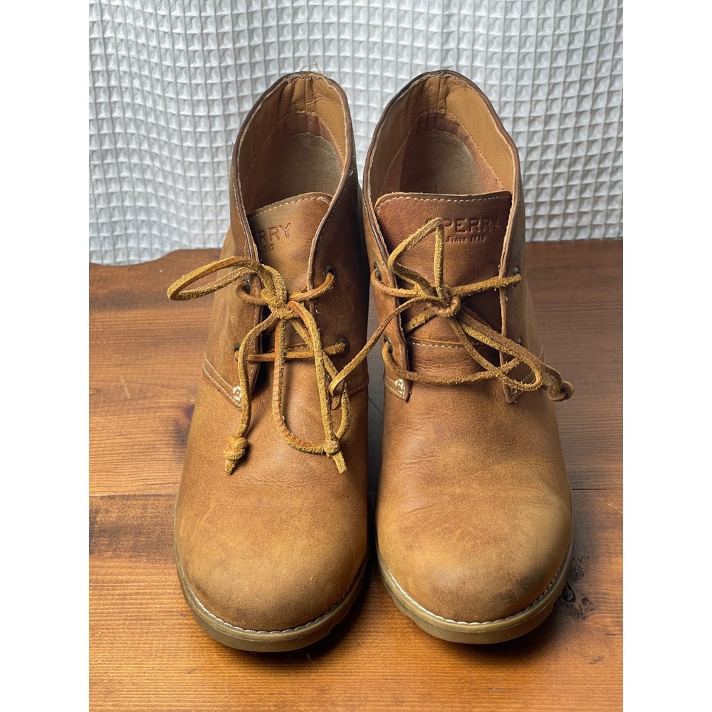 Sperry Top-Sider Boots Womens 10 Harlow Brown Leather Wedge Lace Up 90493